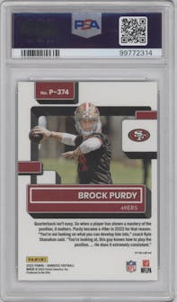 Brock Purdy from the 2022 Panini Donruss set featuring a Red & Green parallel graded by PSA and given an overall grade of 8.