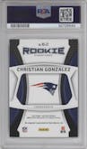 Christian Gonzalez from the 2023 Panini Certified set featuring a Mirror Red parallel graded by PSA and given an overall grade of 9.