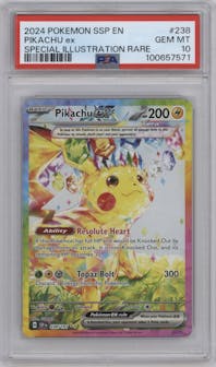 Pikachu ex from the 2024 Pokemon SV set graded by PSA and given an overall grade of 10.