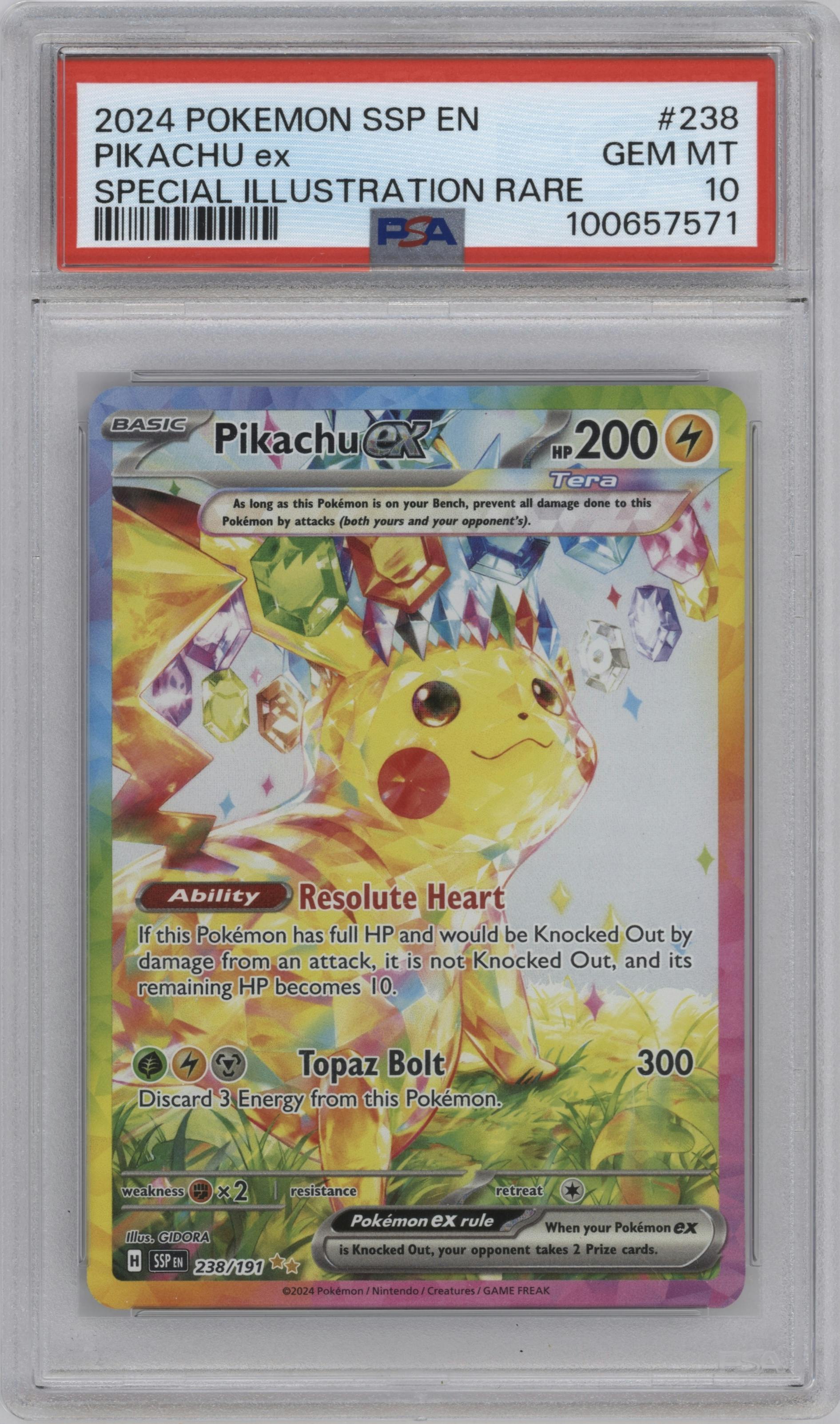 Pikachu ex from the 2024 Pokemon SV set graded by PSA and given an overall grade of 10.