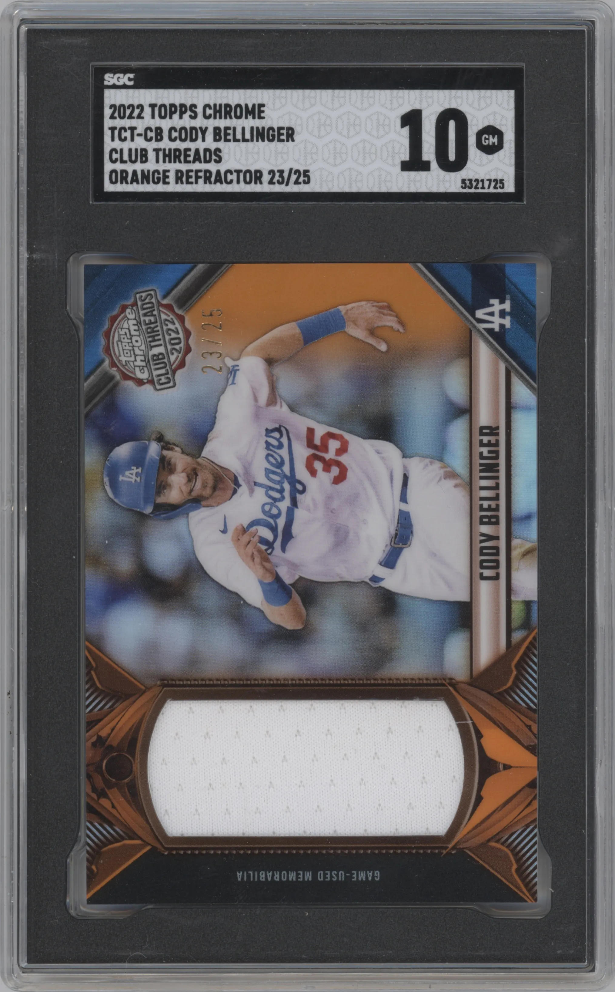 2022 Topps Chrome Club Threads Cody Bellinger Orange Refractor #TCT-CB SGC 10