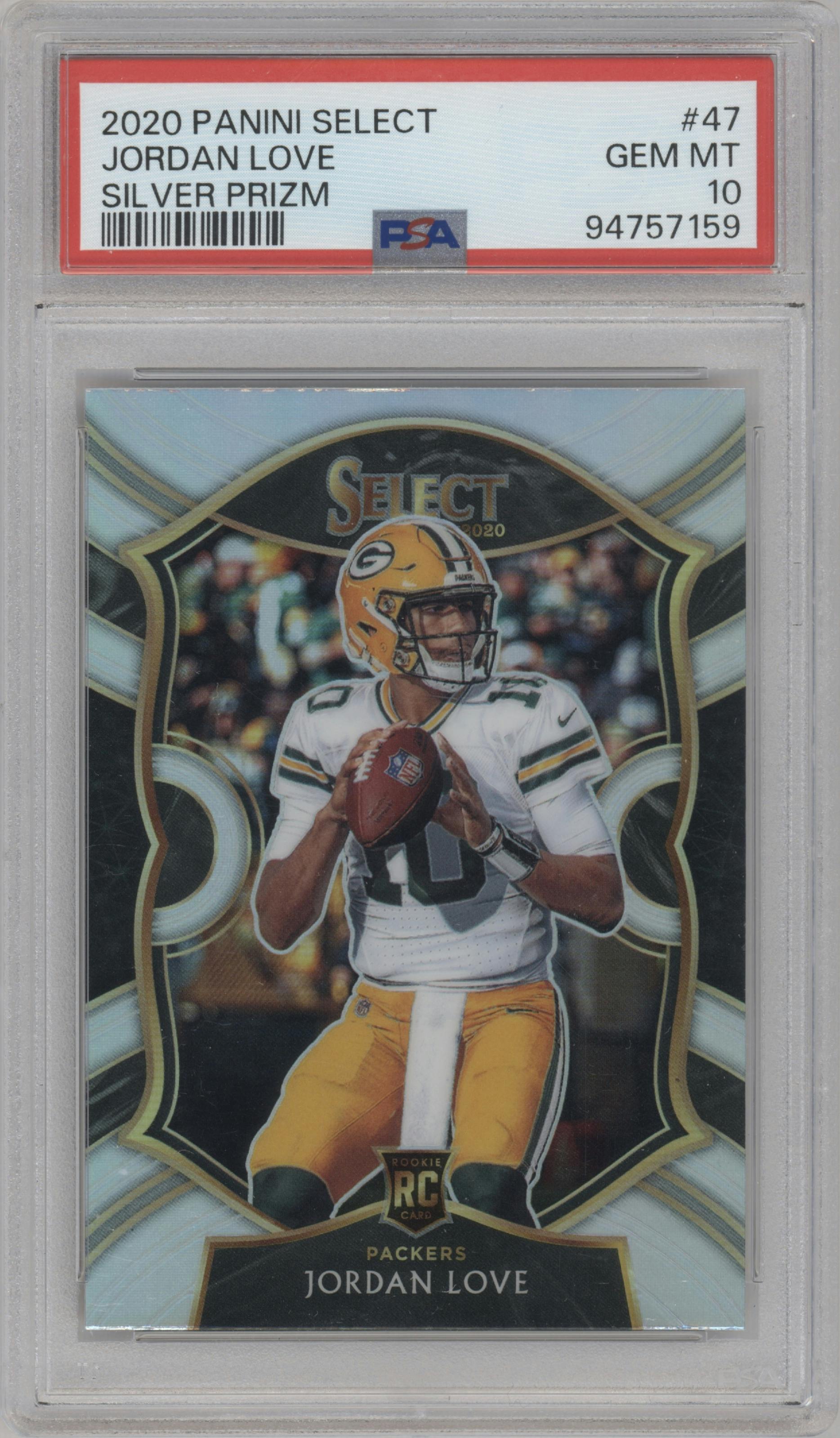 Jordan Love from the 2020 Panini Select set featuring a Silver Prizm parallel graded by PSA and given an overall grade of 10.