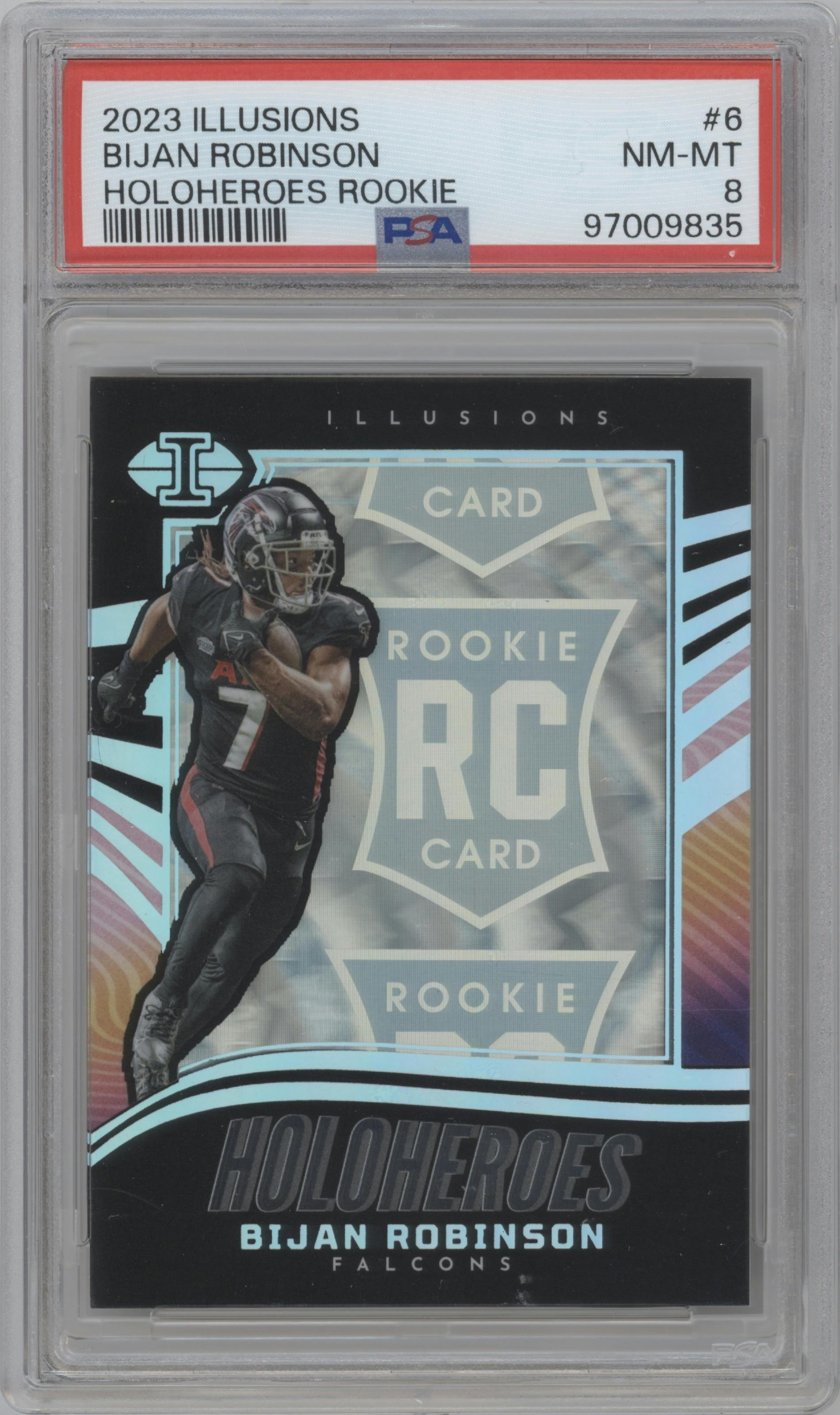 Bijan Robinson from the 2023 Panini Illusions set graded by PSA and given an overall grade of 8.