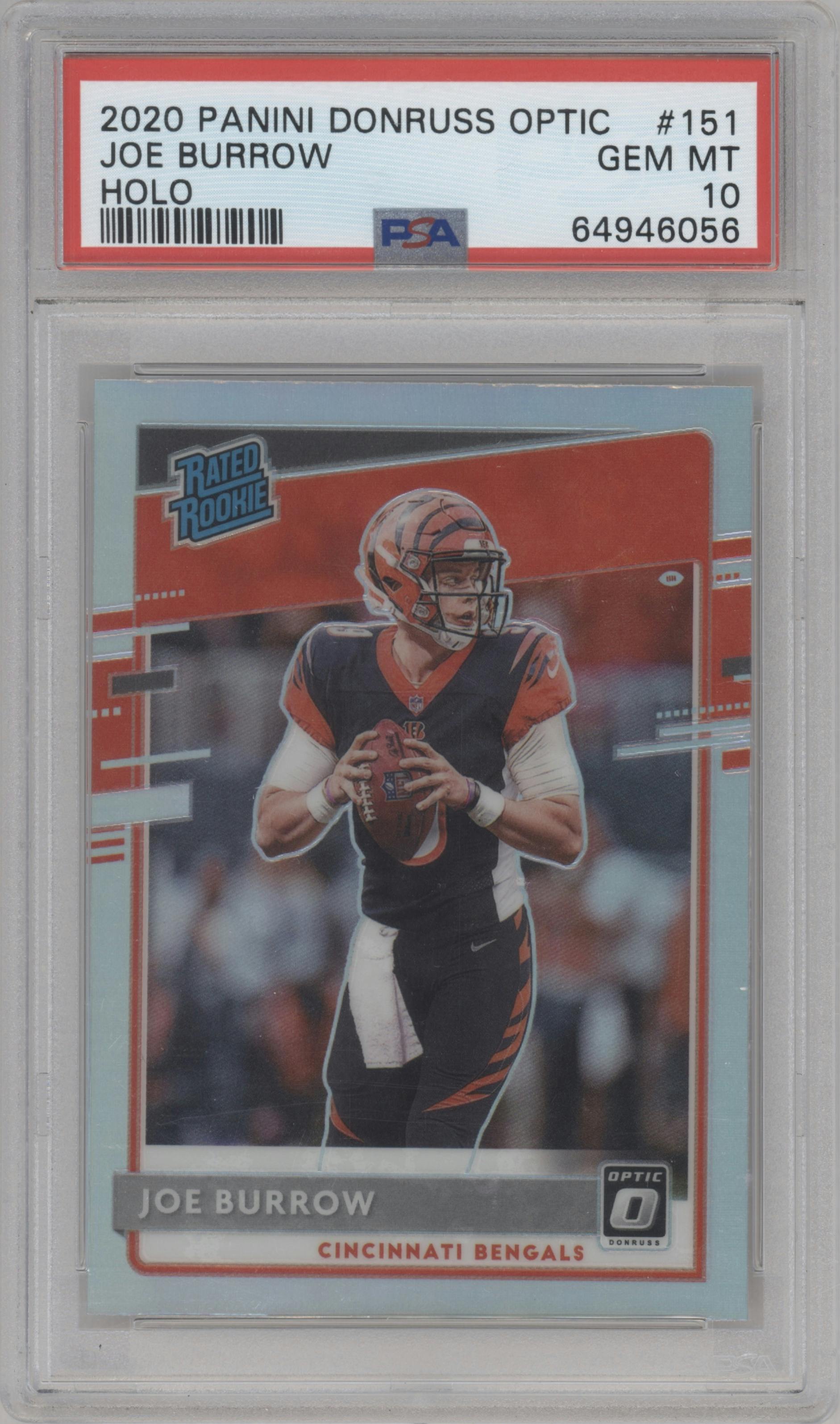 Joe Burrow from the 2020 Panini Donruss Optic set featuring a Holo parallel graded by PSA and given an overall grade of 10.