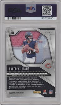 Caleb Williams from the 2024 Panini Prizm set featuring a Silver Prizm parallel graded by PSA and given an overall grade of 9.