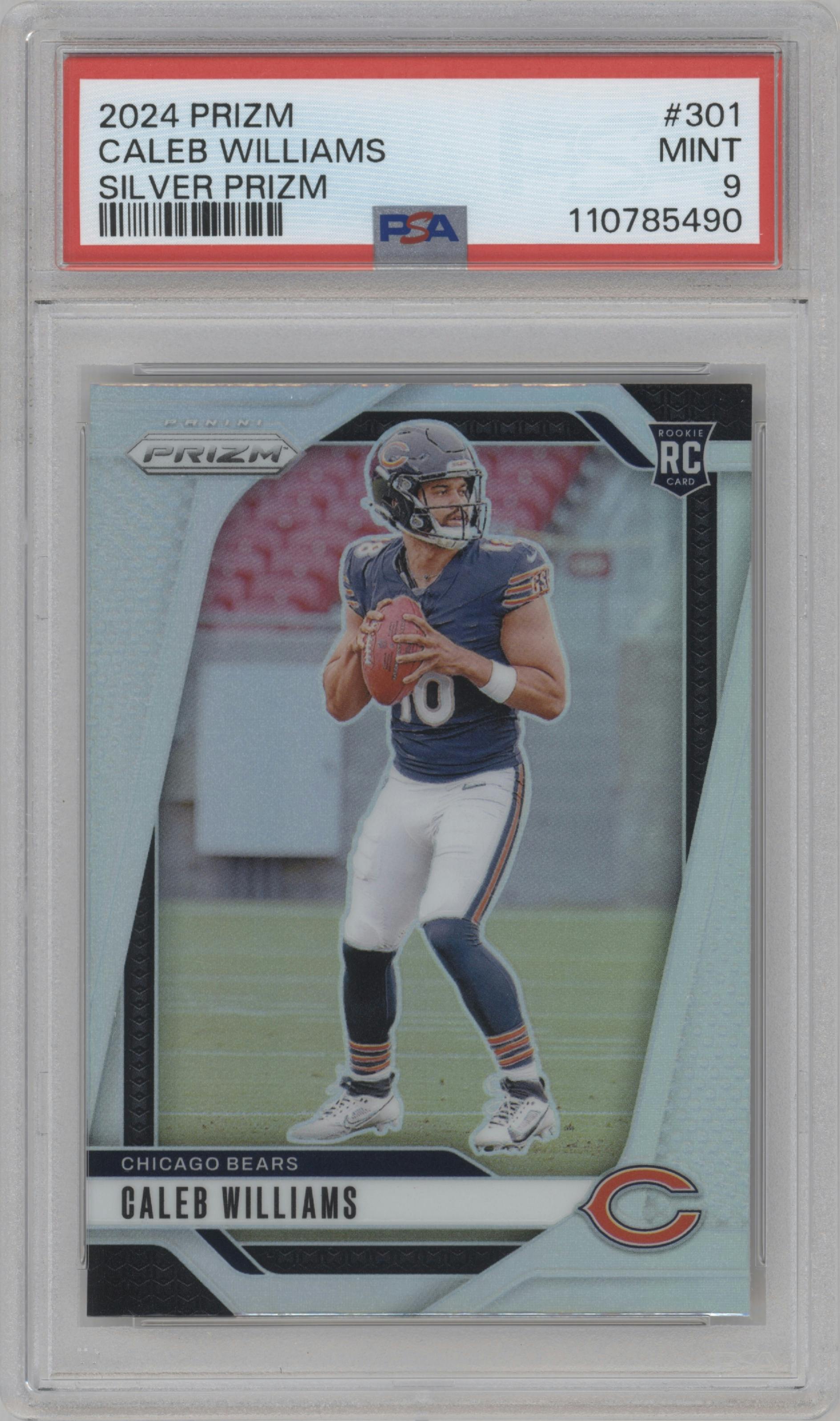 Caleb Williams from the 2024 Panini Prizm set featuring a Silver Prizm parallel graded by PSA and given an overall grade of 9.