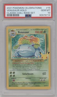 Venusaur from the 2021 Pokemon SWSH set featuring a Base Set parallel graded by PSA and given an overall grade of 10.