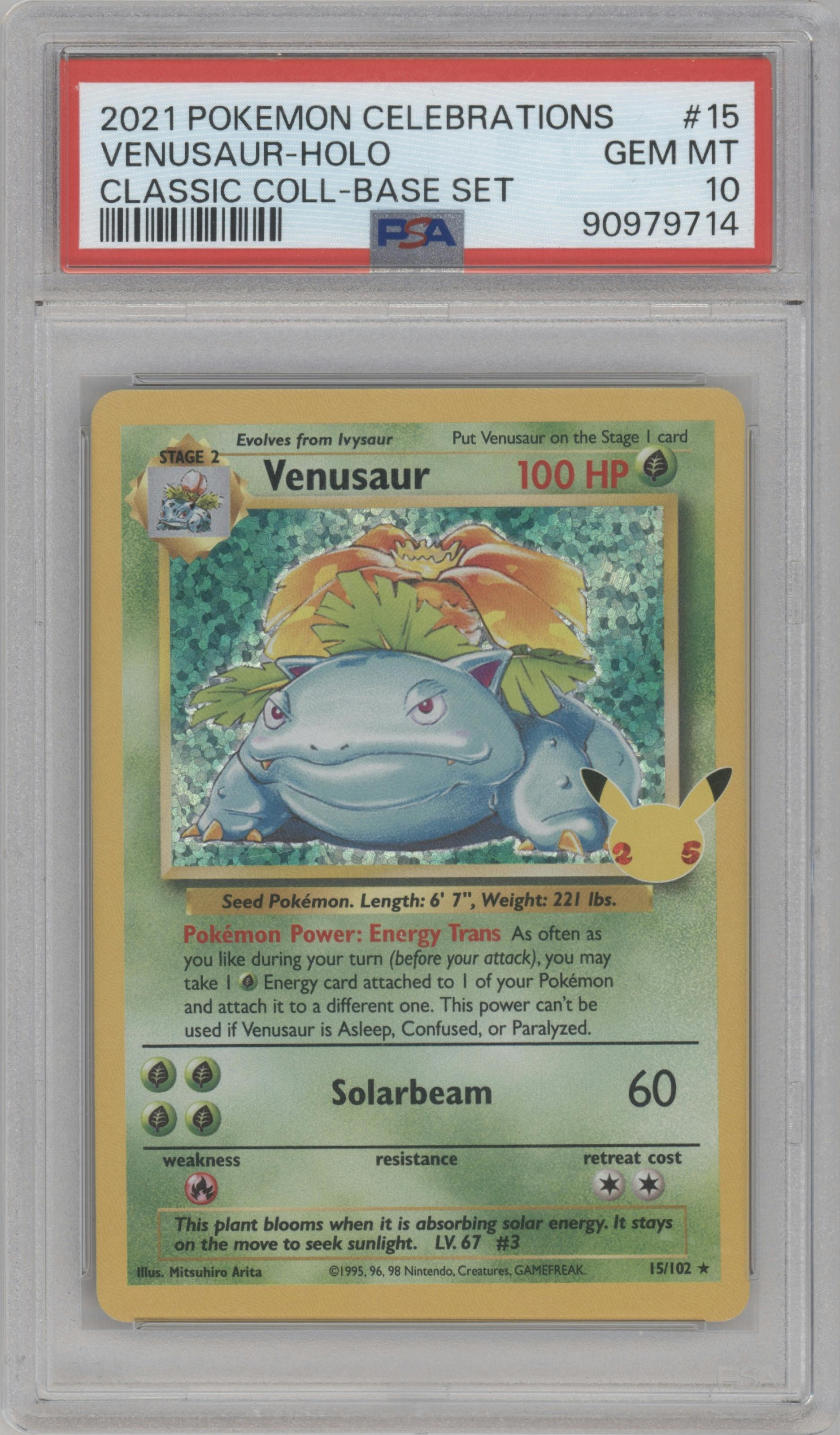 Venusaur from the 2021 Pokemon SWSH set featuring a Base Set parallel graded by PSA and given an overall grade of 10.