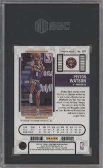 Peyton Watson from the 2022-23 Panini Contenders set featuring a Green Shimmer parallel graded by SGC and given an overall grade of 10.