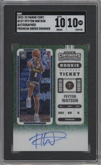Peyton Watson from the 2022-23 Panini Contenders set featuring a Green Shimmer parallel graded by SGC and given an overall grade of 10.