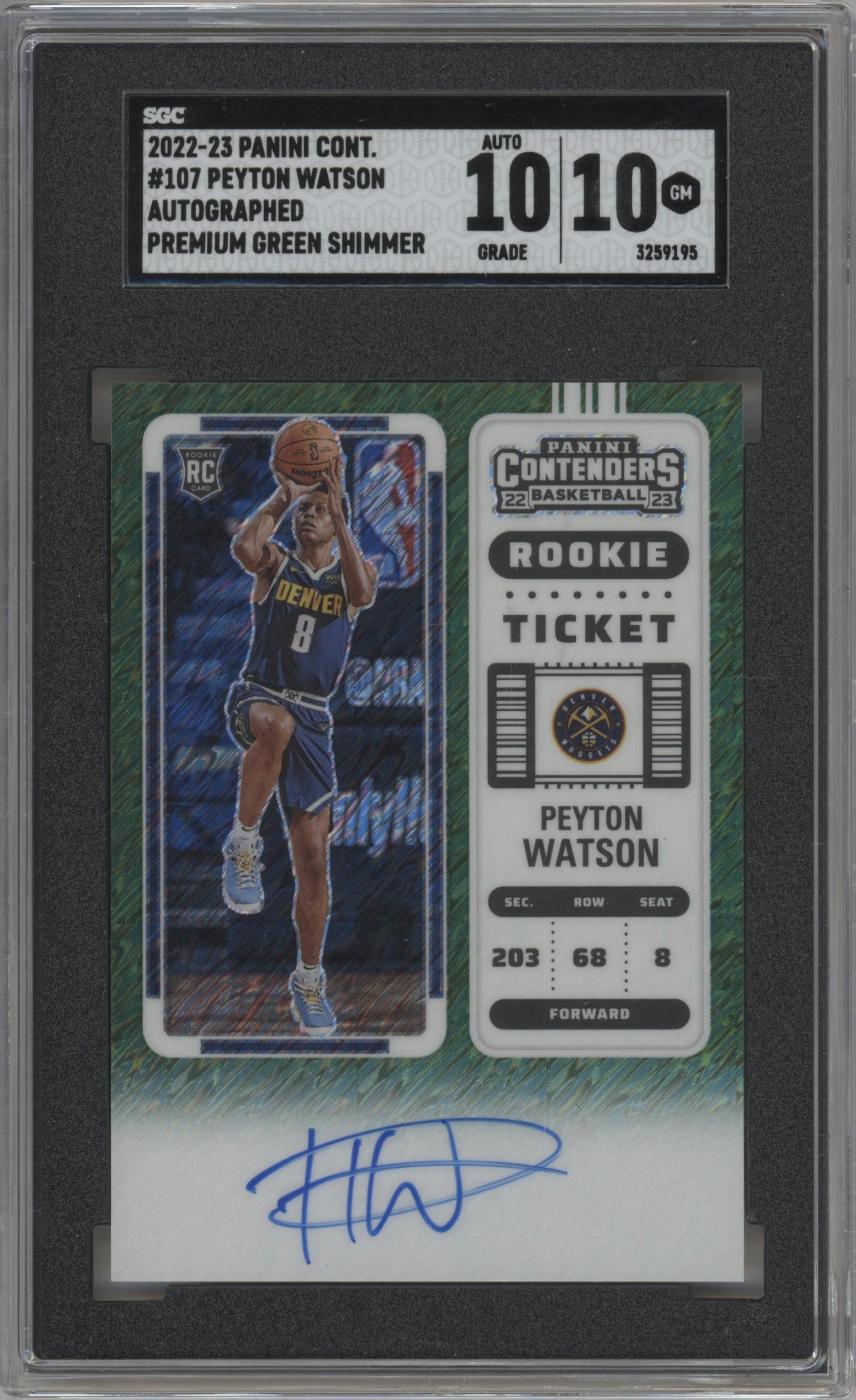 Peyton Watson from the 2022-23 Panini Contenders set featuring a Green Shimmer parallel graded by SGC and given an overall grade of 10.
