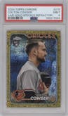 Colton Cowser from the 2024 Topps Chrome set featuring a Gold Speckle Refractor parallel graded by PSA and given an overall grade of 9.