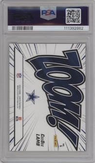 CeeDee Lamb from the 2024 Panini Zenith set featuring a Red parallel graded by PSA and given an overall grade of 9.