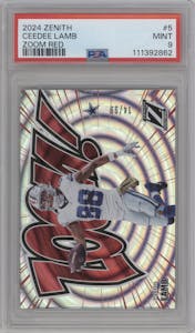 CeeDee Lamb from the 2024 Panini Zenith set featuring a Red parallel graded by PSA and given an overall grade of 9.