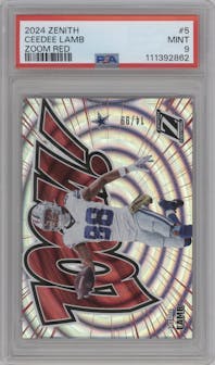 CeeDee Lamb from the 2024 Panini Zenith set featuring a Red parallel graded by PSA and given an overall grade of 9.