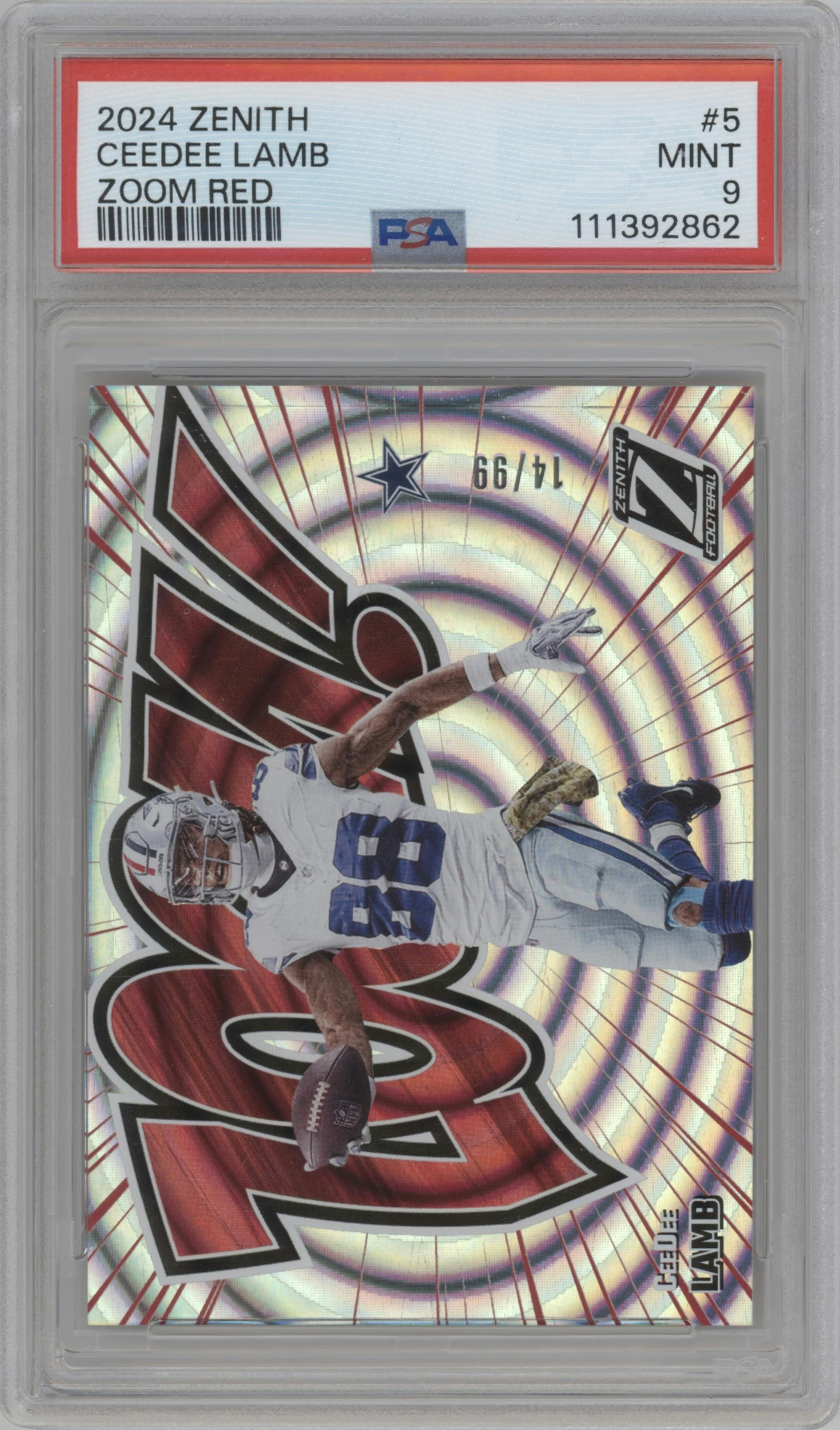 CeeDee Lamb from the 2024 Panini Zenith set featuring a Red parallel graded by PSA and given an overall grade of 9.