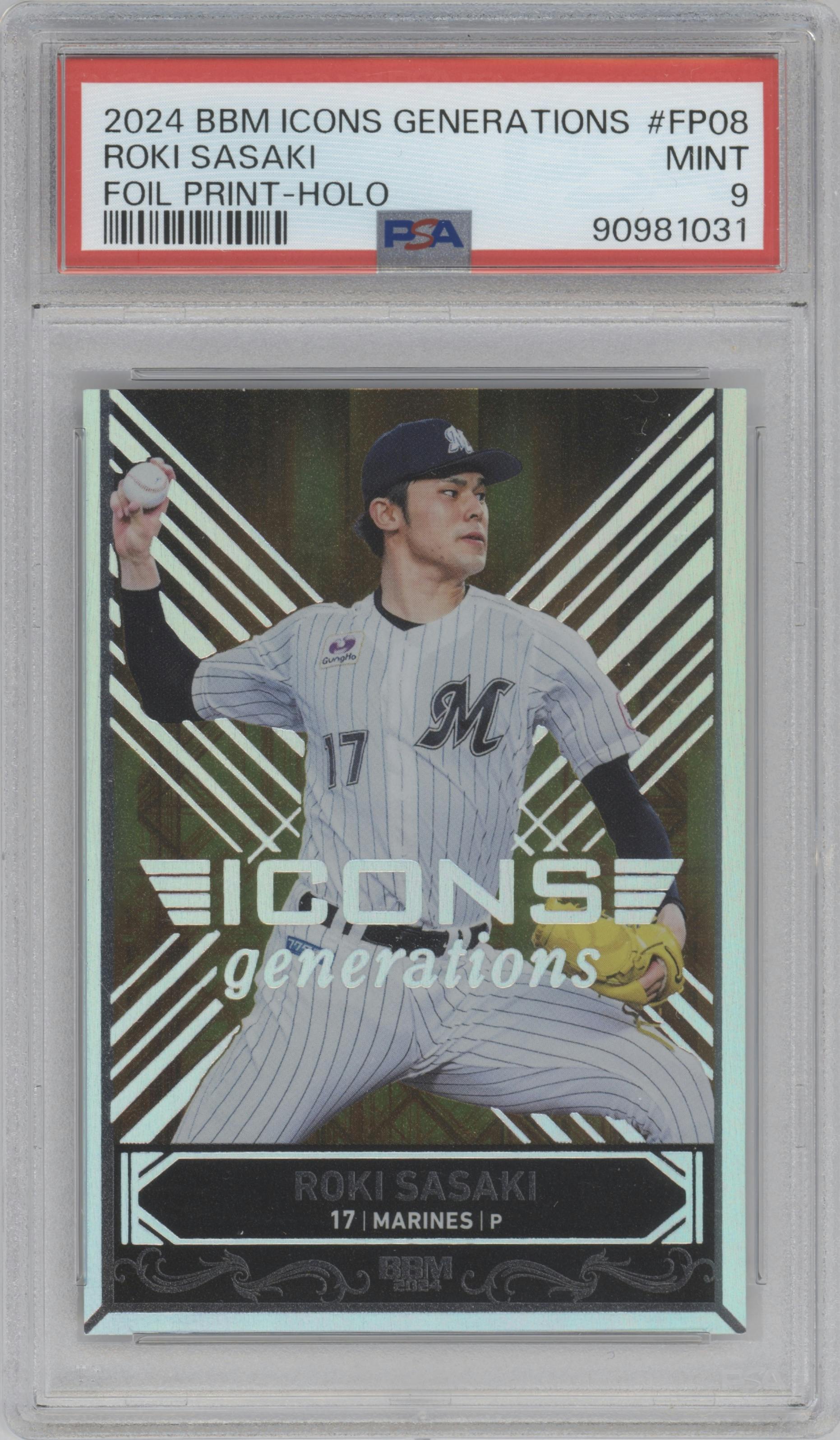 Roki Sasaki from the 2024 BBM Icons Generations set featuring a Holo parallel graded by PSA and given an overall grade of 9.