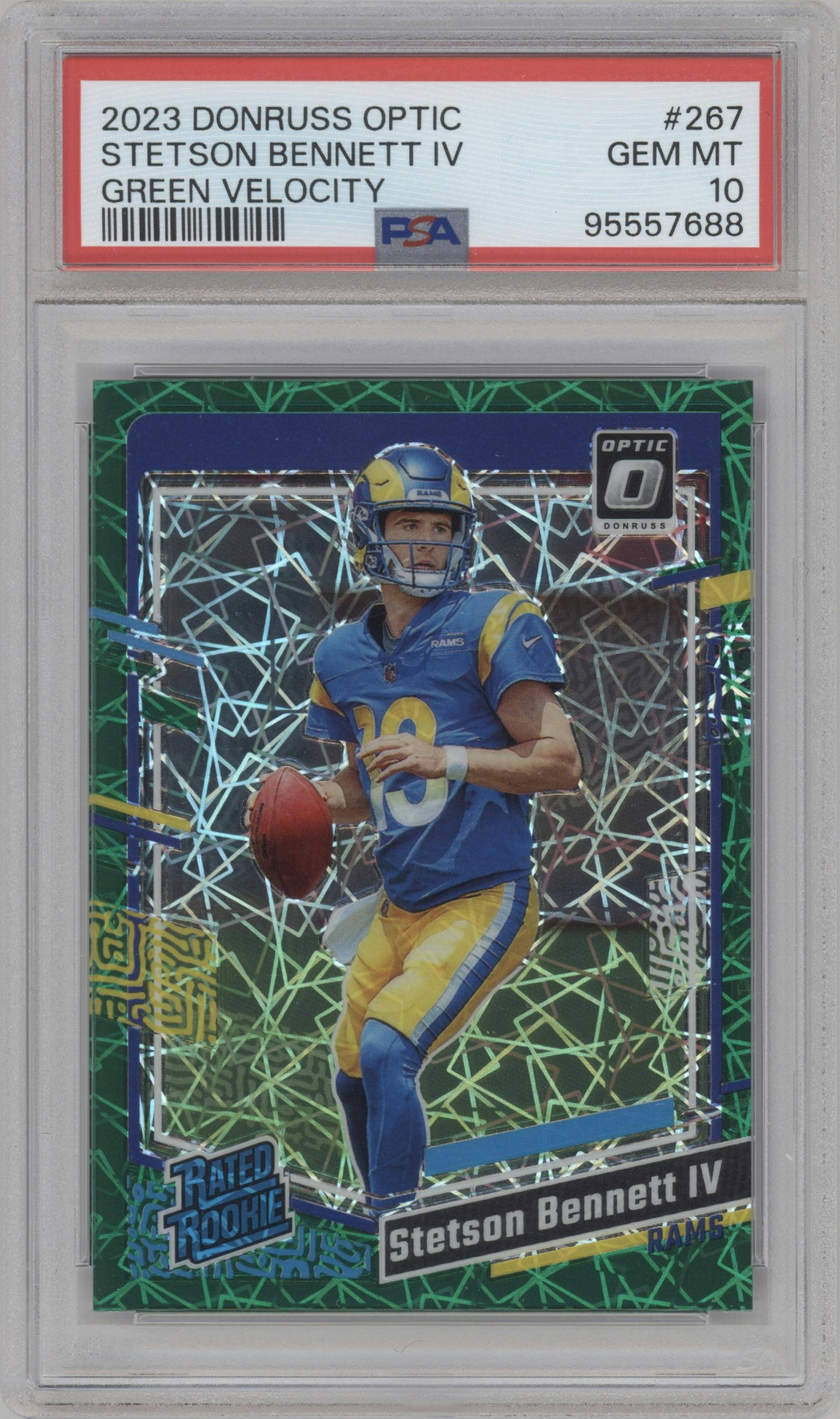Stetson Bennett IV from the 2023 Donruss Optic set featuring a Green Velocity parallel graded by PSA and given an overall grade of 10.