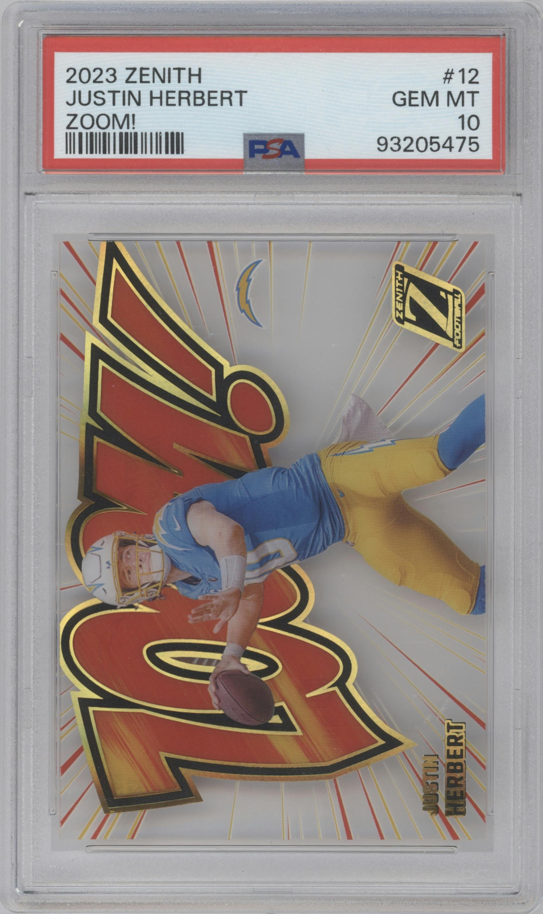 Justin Herbert from the 2023 Panini Zenith set graded by PSA and given an overall grade of 10.