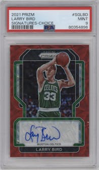 Larry Bird from the 2021-22 Panini Prizm  set featuring a Choice parallel graded by PSA and given an overall grade of 9.