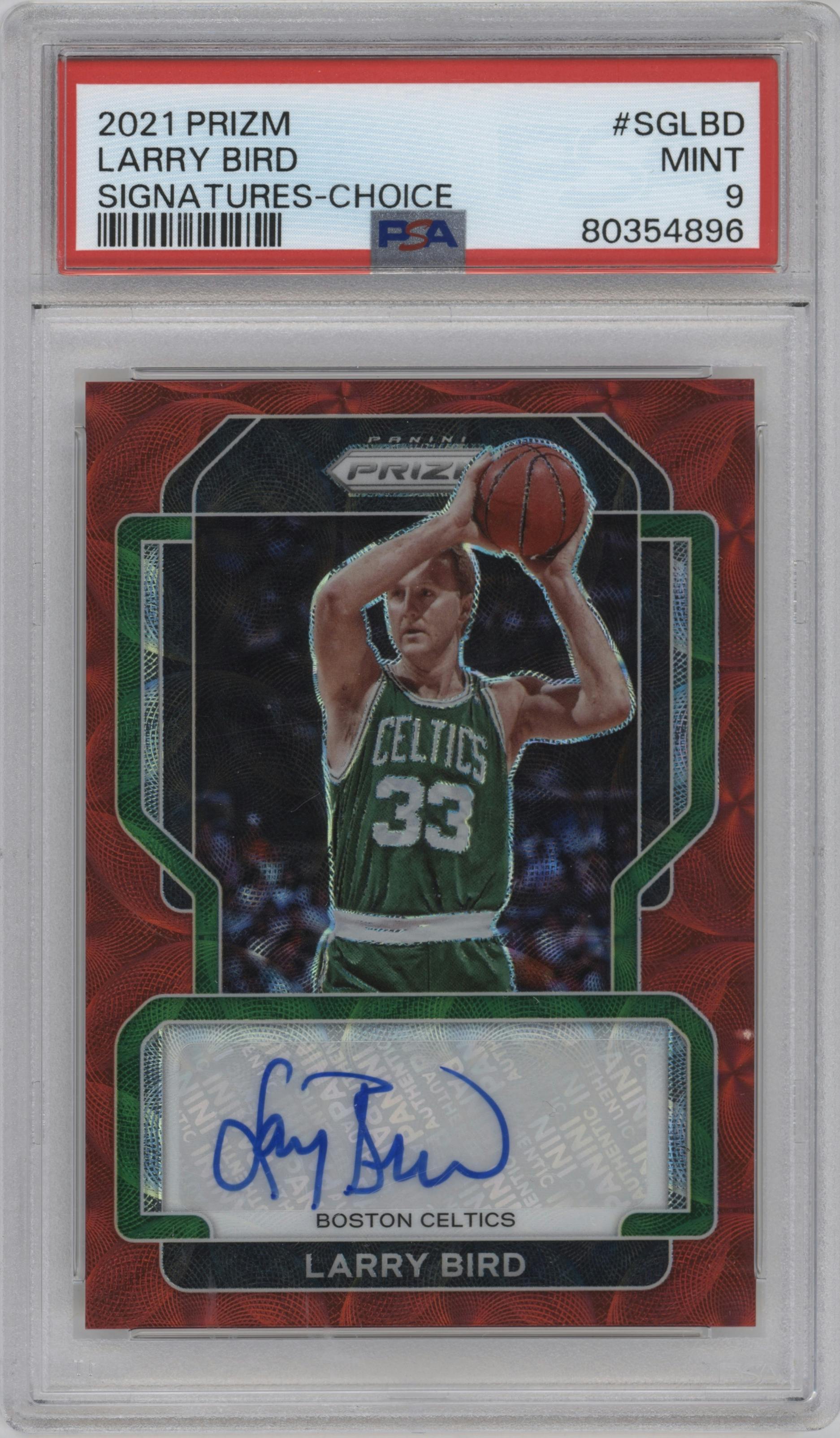 Larry Bird from the 2021-22 Panini Prizm  set featuring a Choice parallel graded by PSA and given an overall grade of 9.