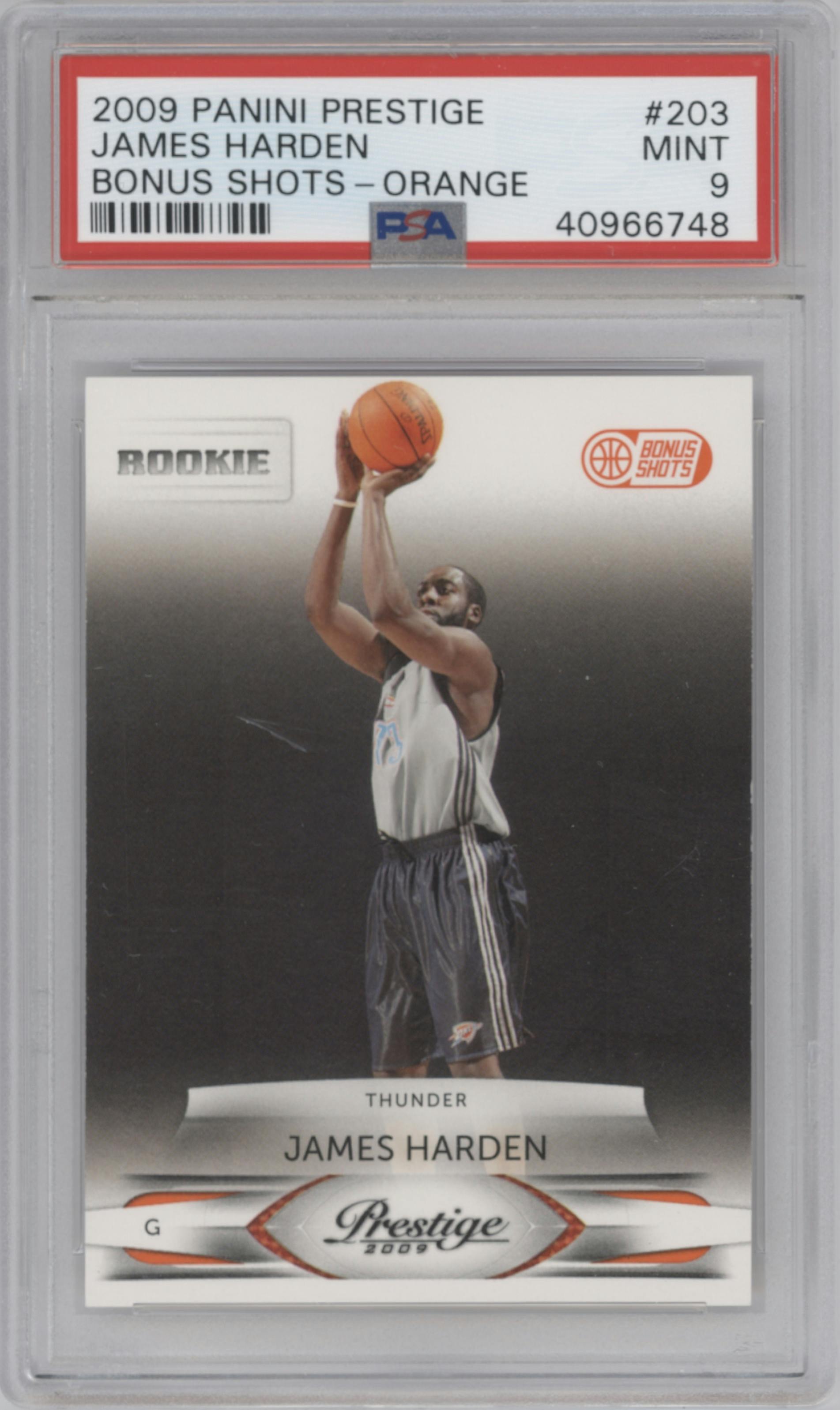 James Harden from the 2009-10 Panini Prestige set featuring a Bonus Shots Orange parallel graded by PSA and given an overall grade of 9.
