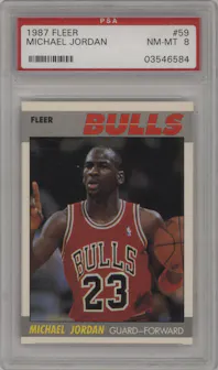 Michael Jordan from the 1987-88 Fleer set graded by PSA and given an overall grade of 8.