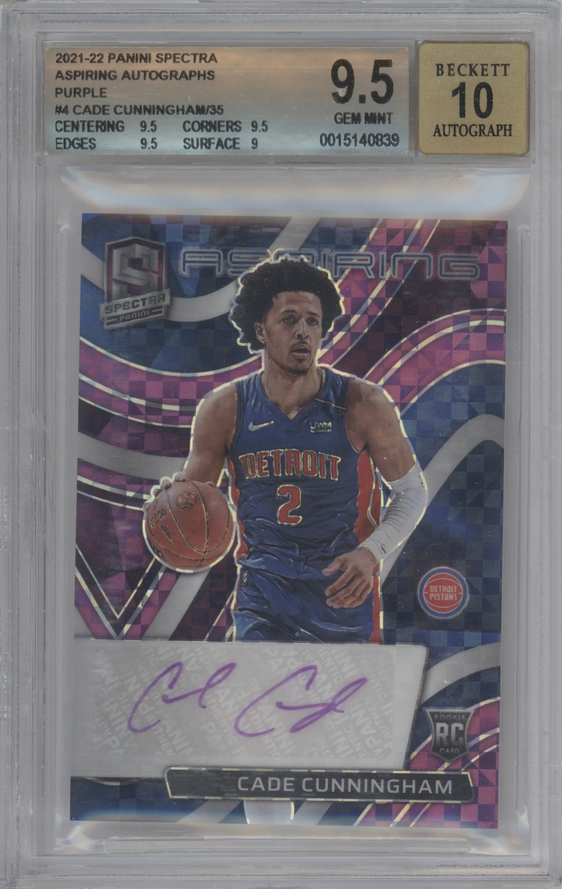 2021 Panini Spectra Aspiring Auto Cade Cunningham Purple BGS 9.5