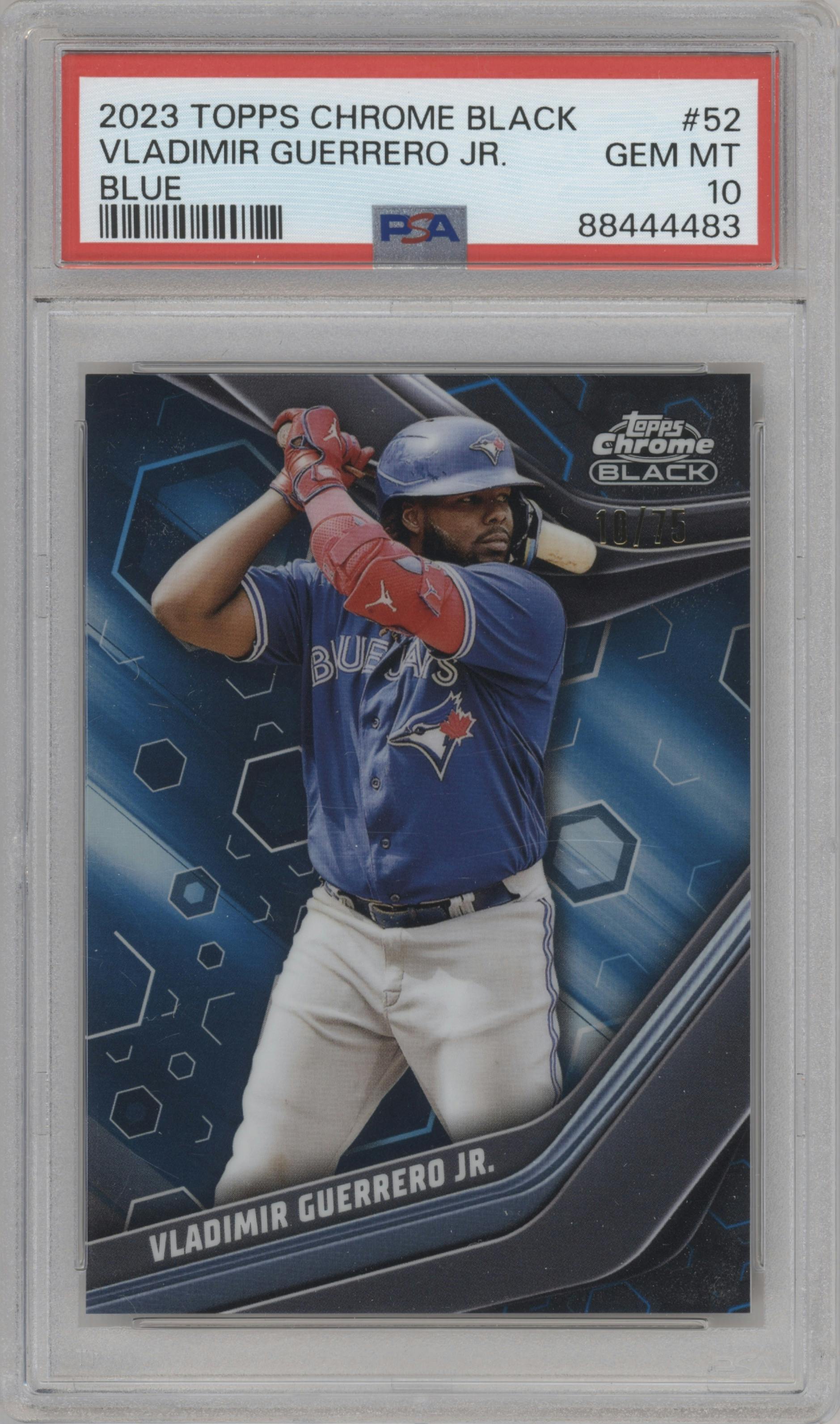 Vladimir Guerrero Jr. from the 2023 Topps Chrome Black set featuring a Blue Refractor parallel graded by PSA and given an overall grade of 10.