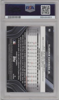 Vladimir Guerrero Jr. from the 2023 Topps Chrome Black set featuring a Blue Refractor parallel graded by PSA and given an overall grade of 10.