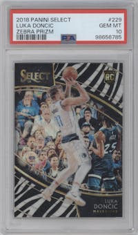 Luka Doncic from the 2018-19 Panini Select  set featuring a Zebra parallel graded by PSA and given an overall grade of 10.