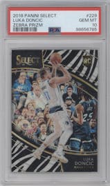 Luka Doncic from the 2018-19 Panini Select set featuring a Zebra parallel graded by PSA and given an overall grade of 10.