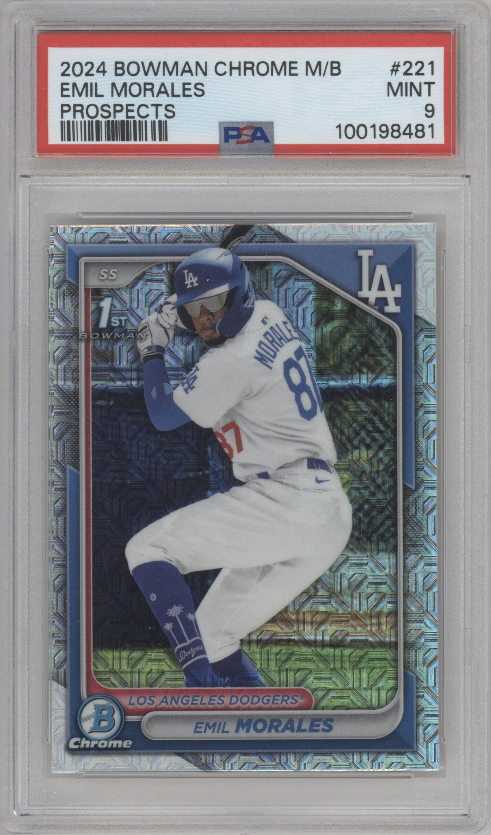 Emil Morales from the 2024 Bowman Chrome Mega Box set graded by PSA and given an overall grade of 9.