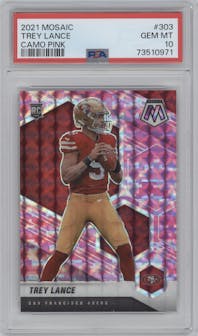 Trey Lance from the 2021 Panini Mosaic set featuring a Pink Camo parallel graded by PSA and given an overall grade of 10.