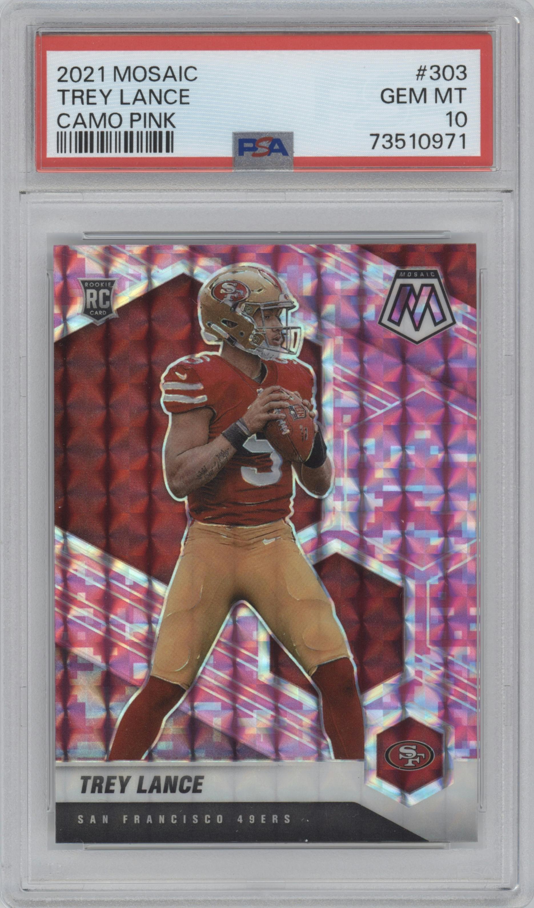 Trey Lance from the 2021 Panini Mosaic set featuring a Pink Camo parallel graded by PSA and given an overall grade of 10.