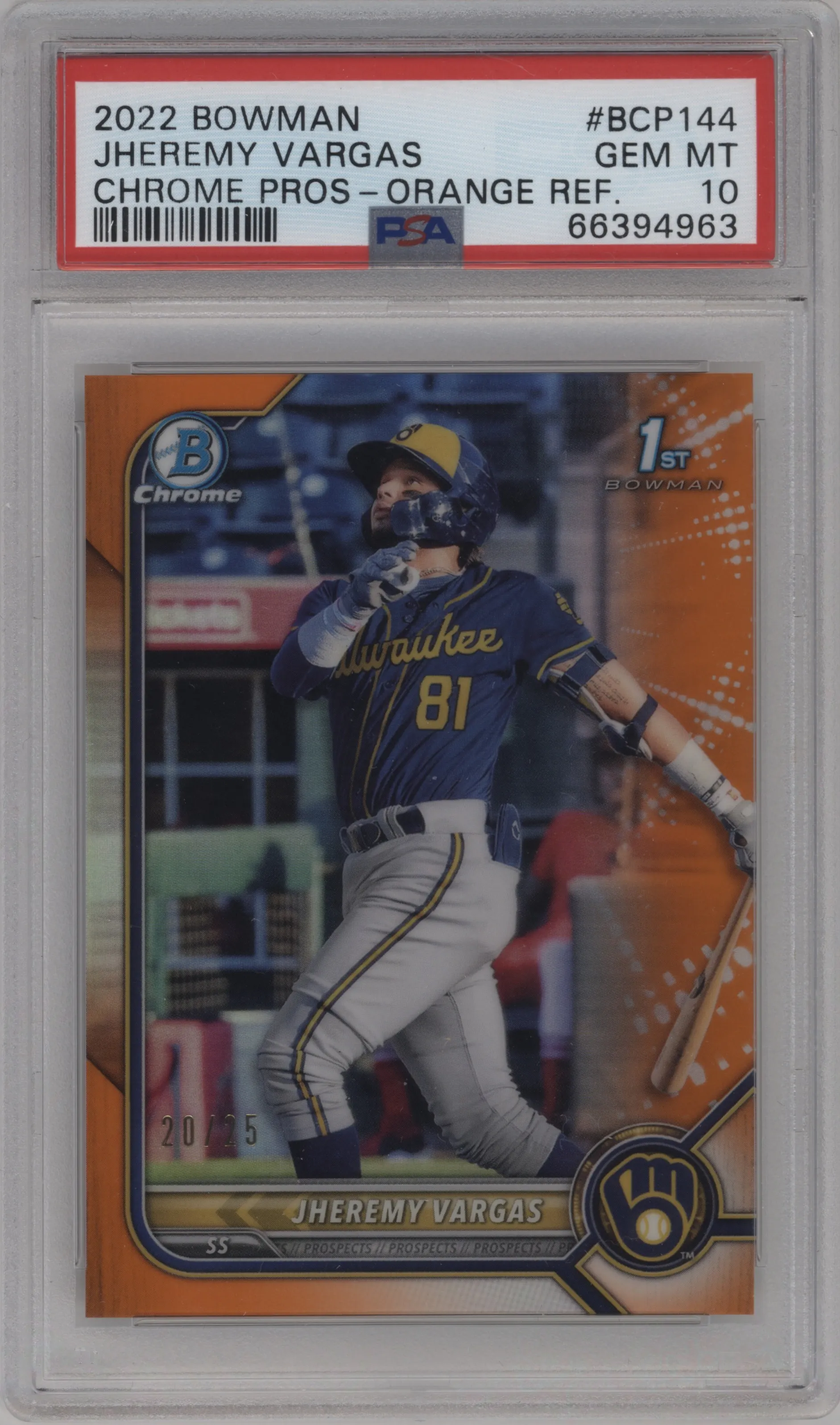 2022 Bowman Chr.Pros. Jheremy Vargas Orange Refractor PSA 10