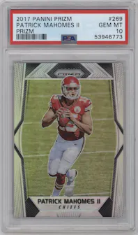 Patrick Mahomes II from the 2017 Panini Prizm set featuring a Prizm parallel graded by PSA and given an overall grade of 10.