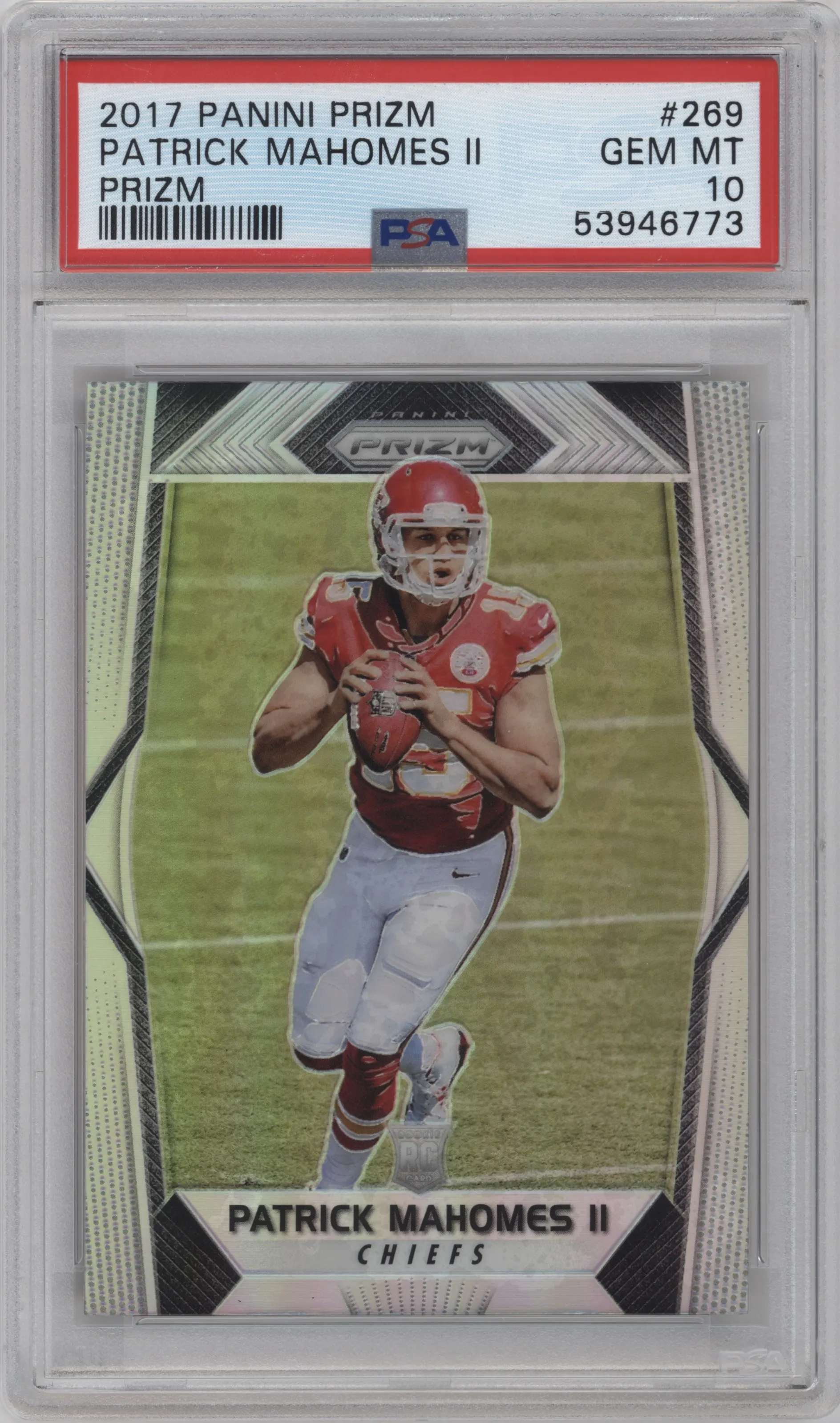 Patrick Mahomes II from the 2017 Panini Prizm set featuring a Prizm parallel graded by PSA and given an overall grade of 10.