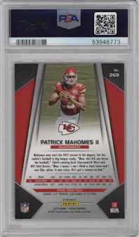 Patrick Mahomes II from the 2017 Panini Prizm set featuring a Prizm parallel graded by PSA and given an overall grade of 10.