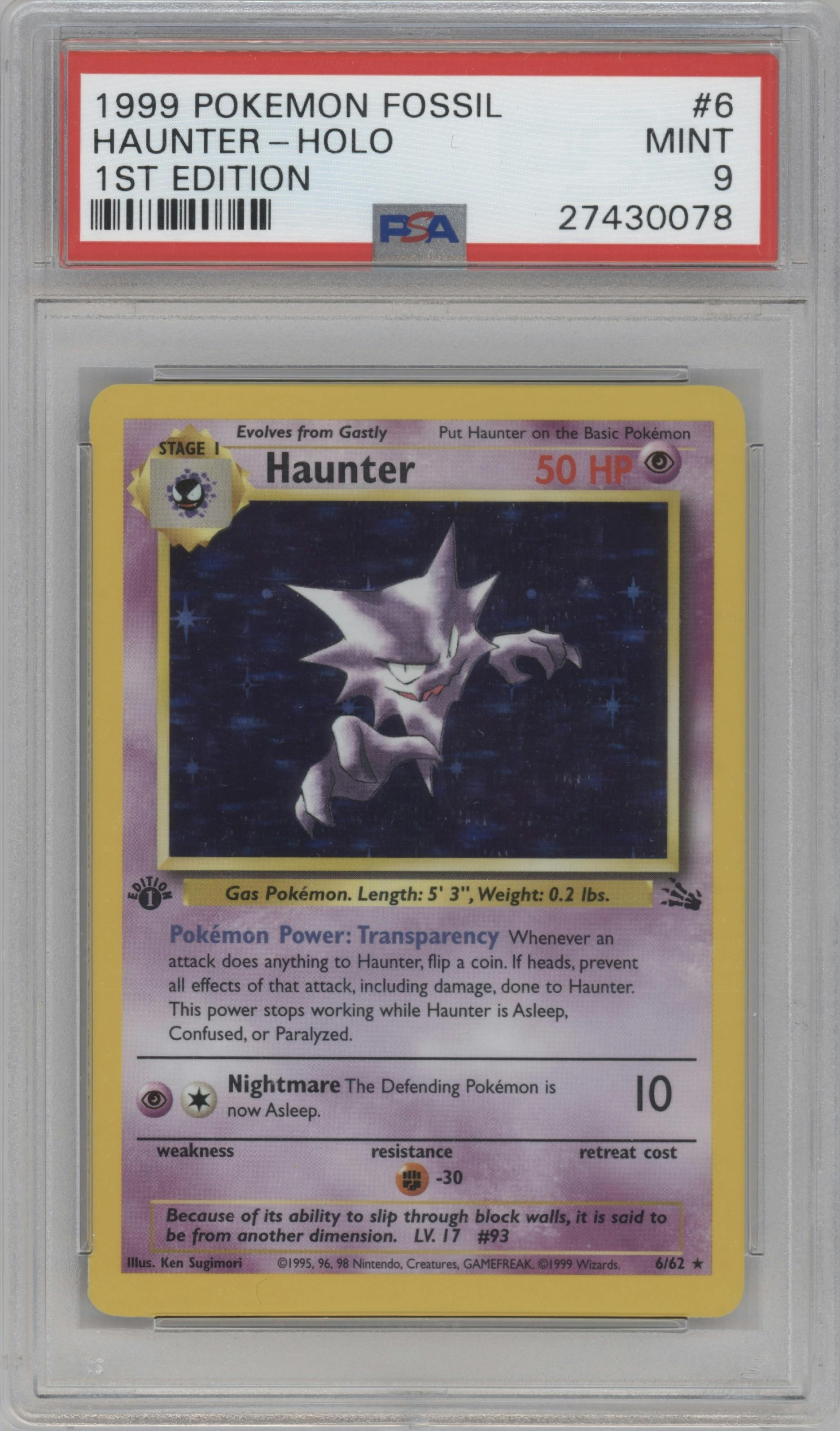 Haunter from the 1999 Pokemon set graded by PSA and given an overall grade of 9.