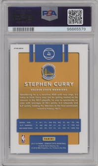Stephen Curry from the 2017-18 Panini Donruss Optic set featuring a Blue Velocity parallel graded by PSA and given an overall grade of 10.