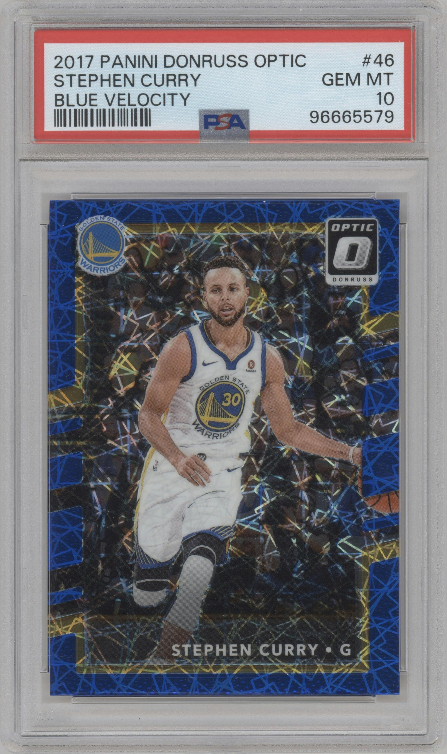 Stephen Curry from the 2017-18 Panini Donruss Optic set featuring a Blue Velocity parallel graded by PSA and given an overall grade of 10.