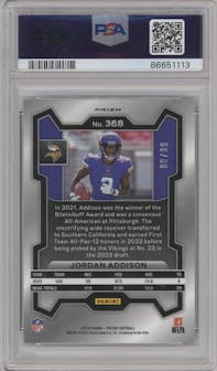 Jordan Addison from the 2023 Panini Prizm set featuring a Blue Ice parallel graded by PSA and given an overall grade of 10.