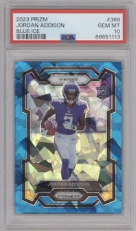 Jordan Addison from the 2023 Panini Prizm set featuring a Blue Ice parallel graded by PSA and given an overall grade of 10.