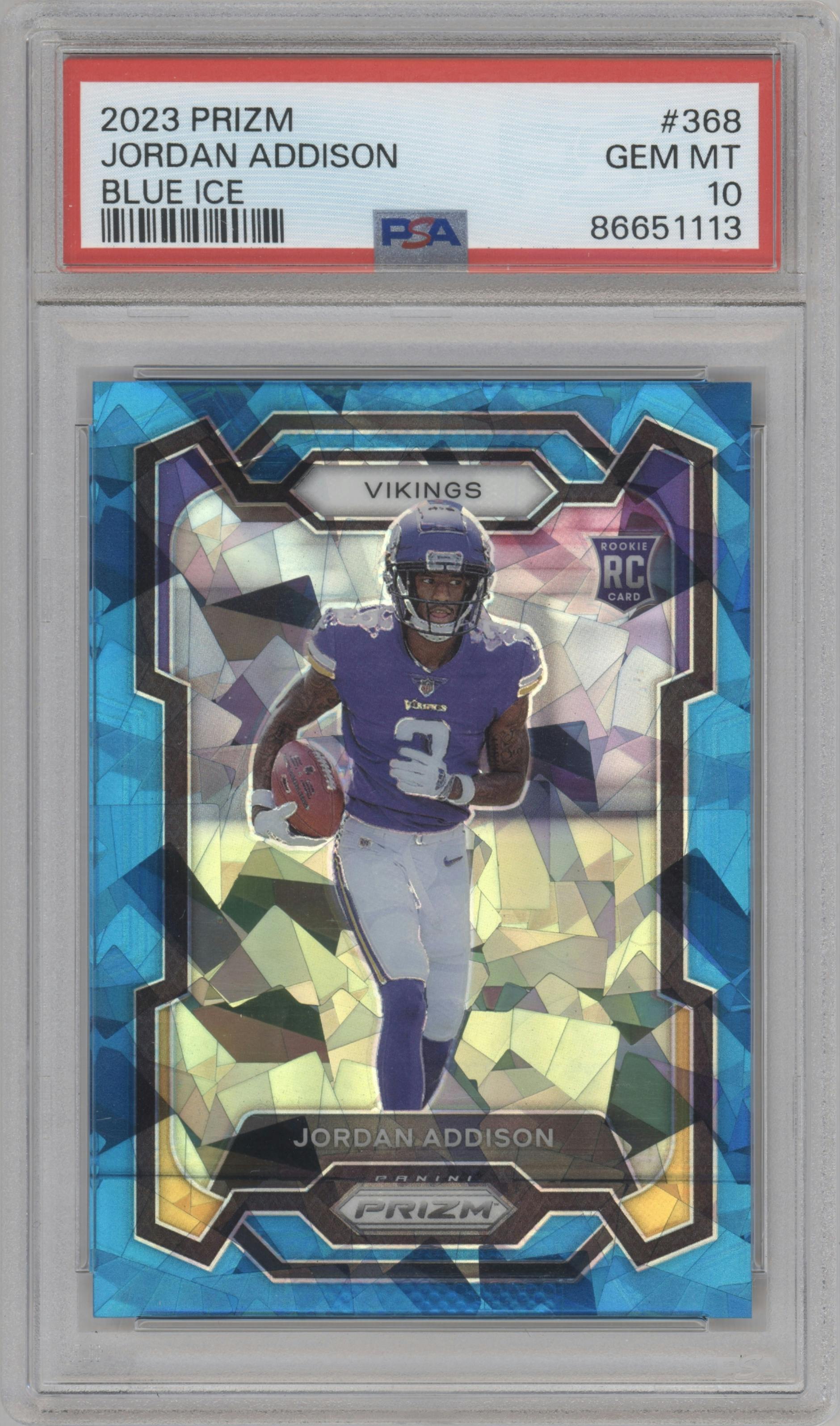 Jordan Addison from the 2023 Panini Prizm set featuring a Blue Ice parallel graded by PSA and given an overall grade of 10.