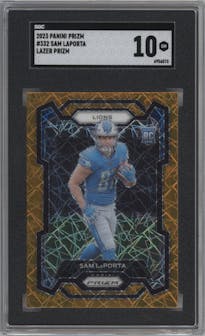 Sam LaPorta from the 2023 Panini Prizm set featuring a Lazer parallel graded by SGC and given an overall grade of 10.