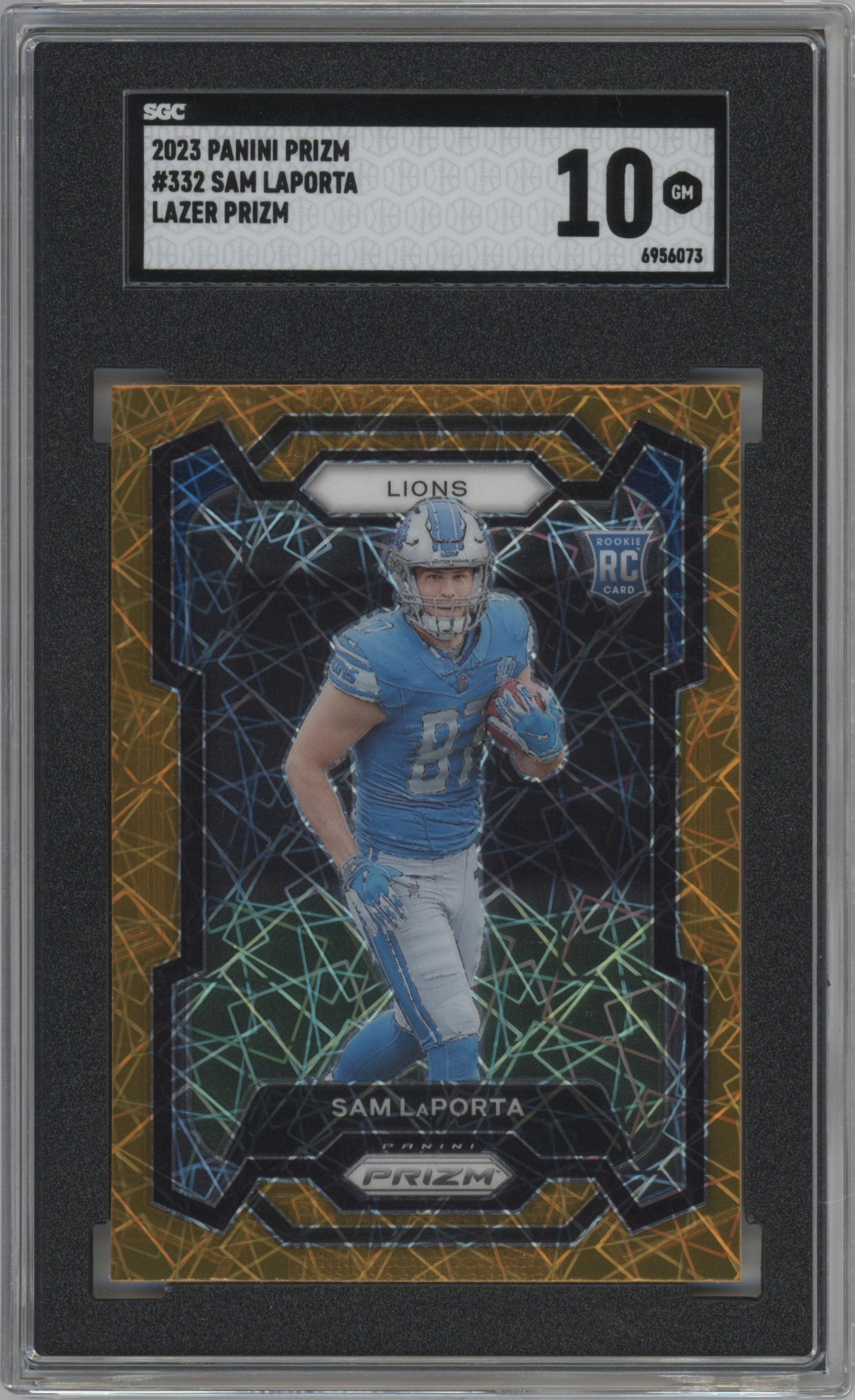 Sam LaPorta from the 2023 Panini Prizm set featuring a Lazer parallel graded by SGC and given an overall grade of 10.