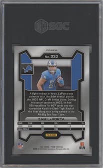 Sam LaPorta from the 2023 Panini Prizm set featuring a Lazer parallel graded by SGC and given an overall grade of 10.