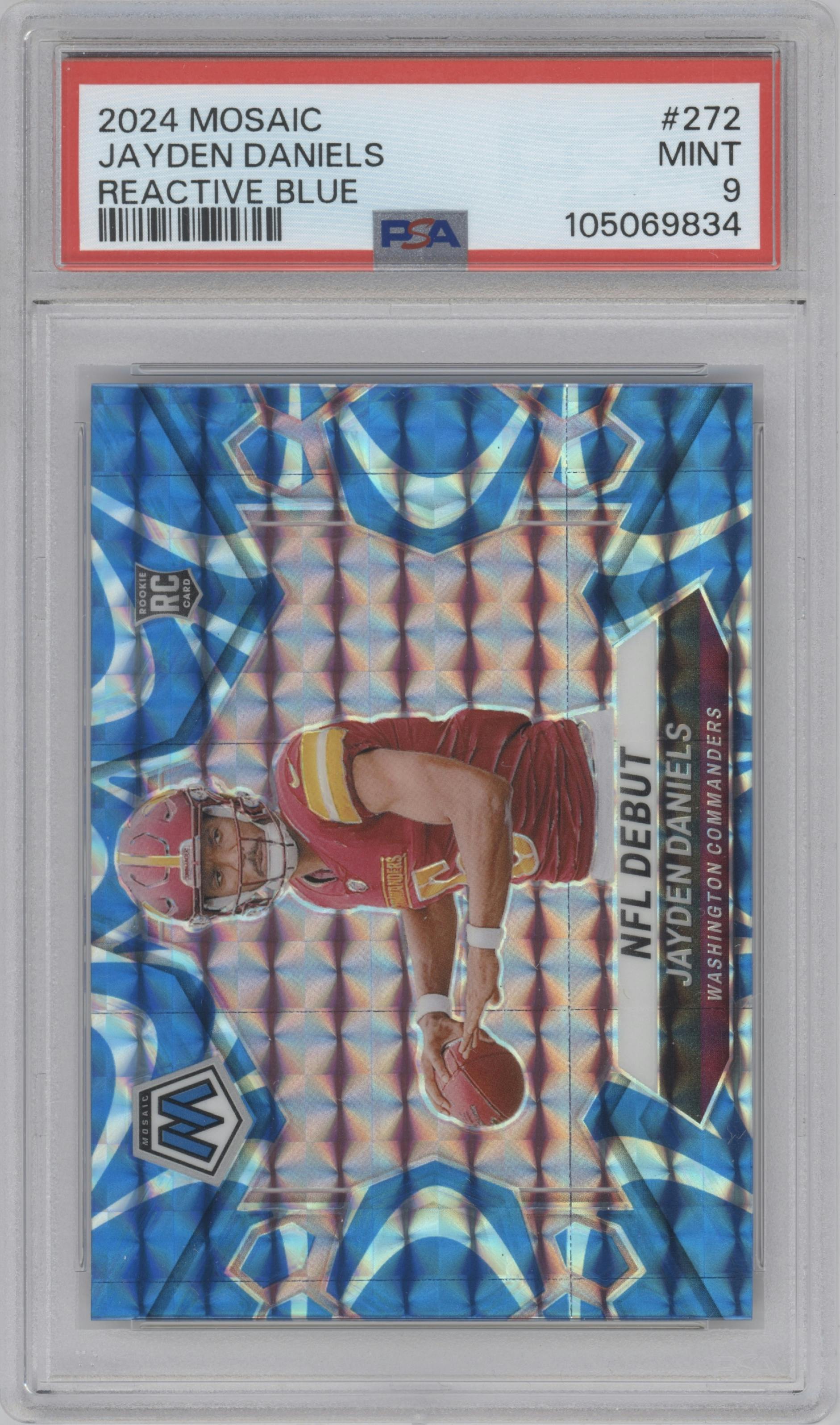 Jayden Daniels from the 2024 Panini Mosaic set featuring a Reactive Blue parallel graded by PSA and given an overall grade of 9.