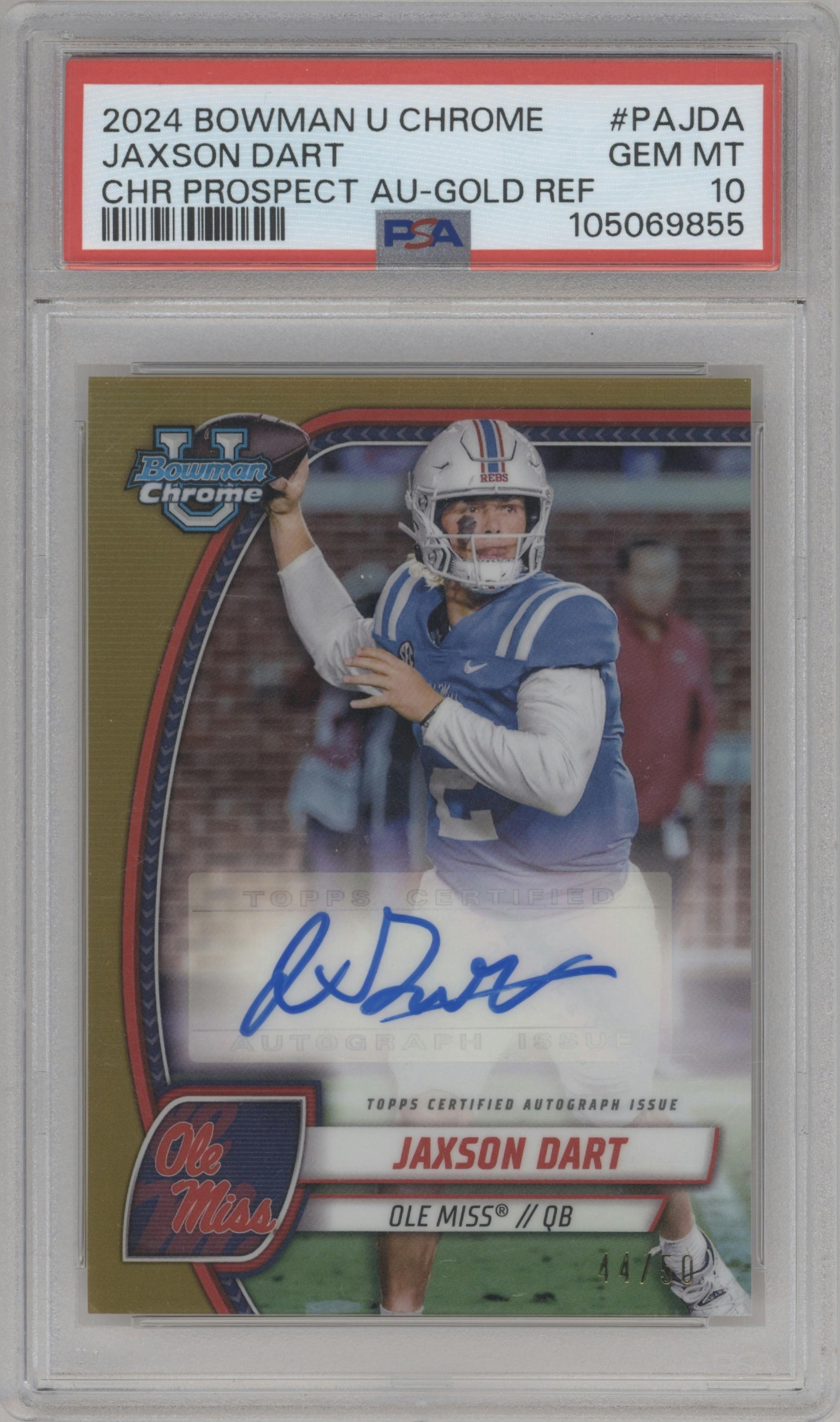 Jaxson Dart from the 2024 Bowman University Chrome set featuring a Gold Refractor parallel graded by PSA and given an overall grade of 10.